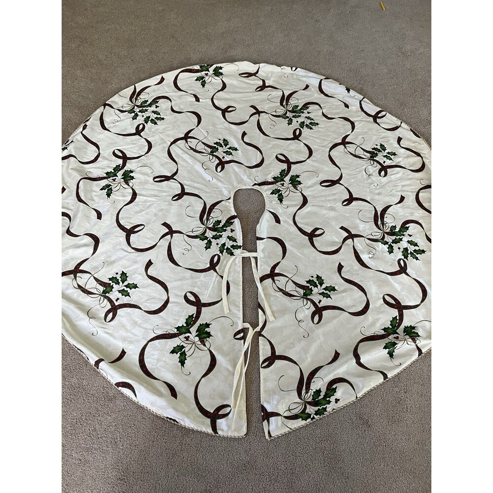 Lenox Holiday Nouveau Christmas Tree Skirt 60" Round Ivory Damask Holly Ribbon